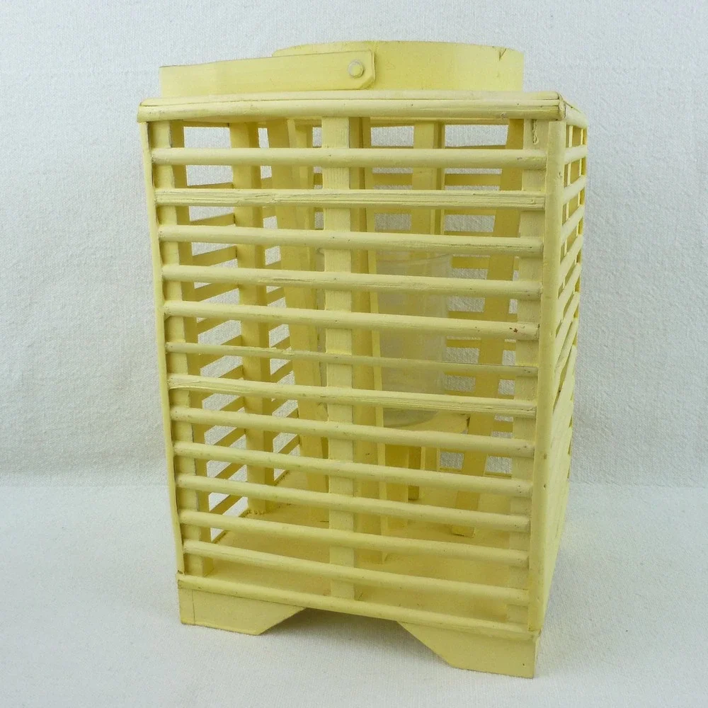 Vintage Yellow Wooden Slatted Lantern Candle Holder with‎ Glass Insert